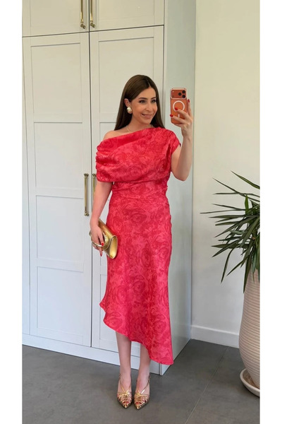 My Blog Rochie asimetrică cu un singur umăr, cu imprimeu floral, fucsia - 205385