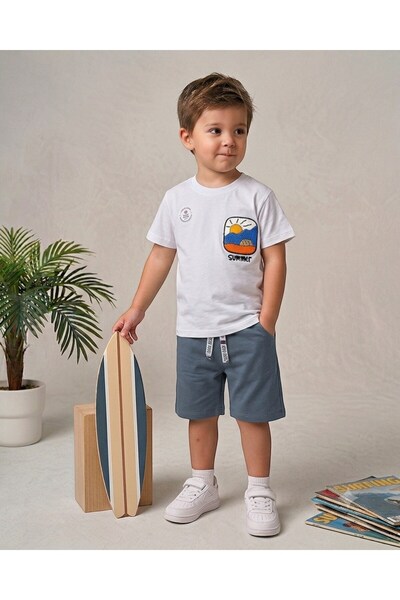 Ege Bebek Boys' Summer Embroidered T-Shirt and Shorts Set for Ages 2-3-4-5-6,...