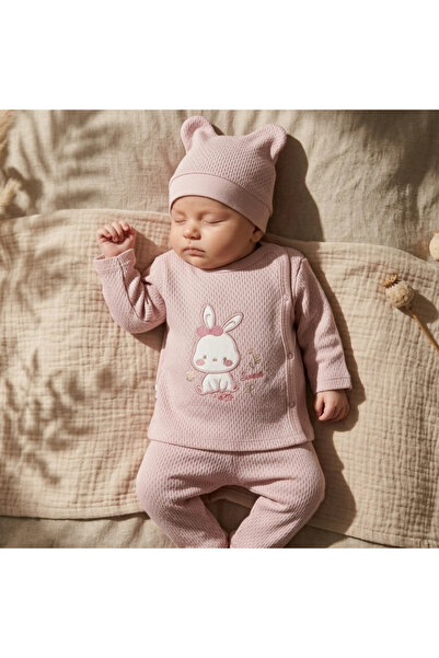 Babycan Mellow Bunny Cotton Textured 3-Piece Baby Set - Dried Rose Perforated...