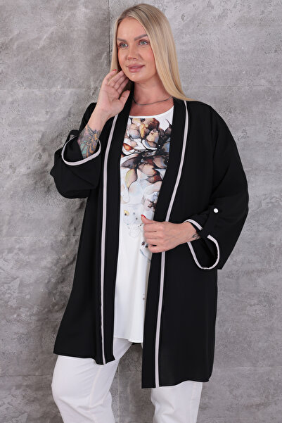 KİFAYET Plus Size Trendy and Stylish Two-Piece Set White Ribbed Tunic Floral ...