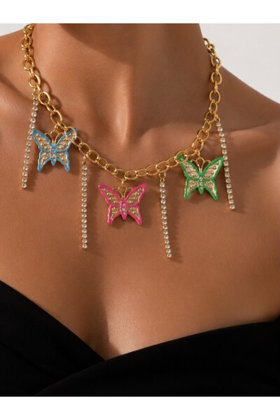 KAYANCLICK Colorful Crystal Butterfly Stainless Steel Necklace