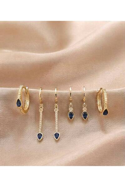 Novaaccessorıess 6'lı Mavi Damla Zirkon Taşlı Küpe Seti