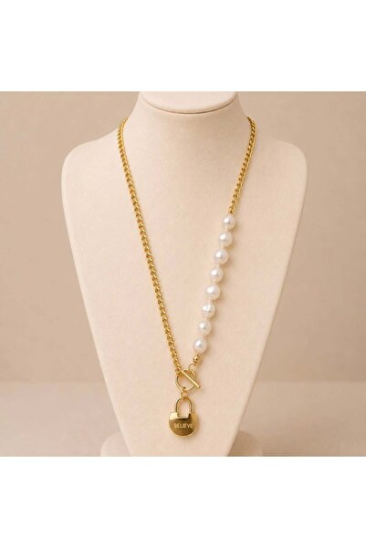 KAYANCLICK Stainless Steel Pearl Beads Heart Lock Necklace