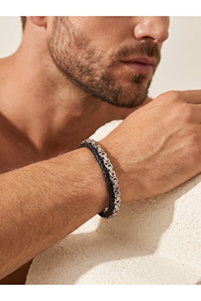 Parmas Design Steel King Chain and Mesh Leather Multi Men's Gift Bracelet 01883