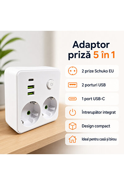 OEM Priză Adaptor 5 în 1 cu Întrerupător, 2 Prize Schuko EU, 2 Porturi USB + ...