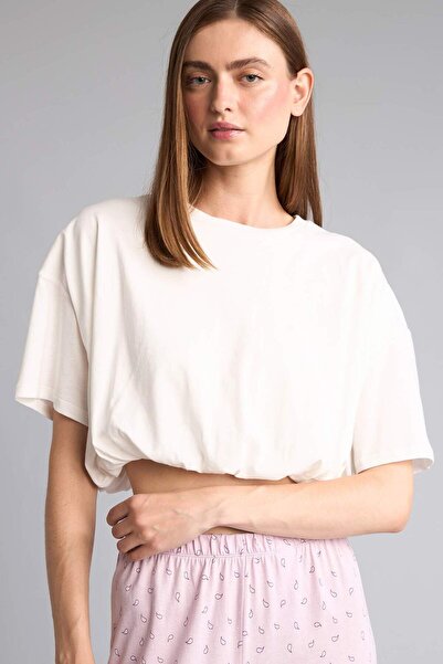 DeFacto Tricou crop ecru cu mânecă scurtă și guler rotund I1128AX26AU