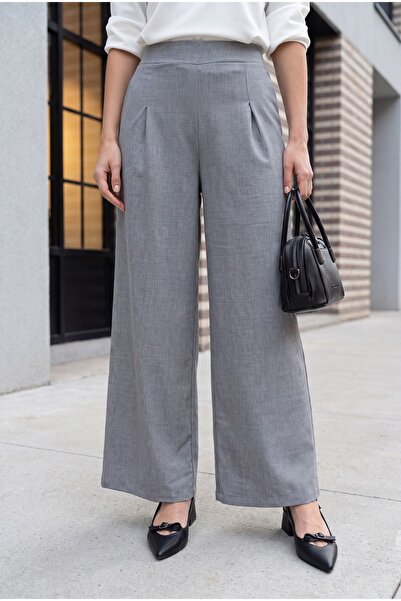 HİJABAYA Elastic Waist Wide Leg Pleated Linen Look Trousers - Light Gray