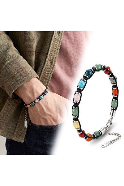 OGHAMAY Macrame Mixed Natural Agate Stone Chakra Themed Adjustable Steel Brac...