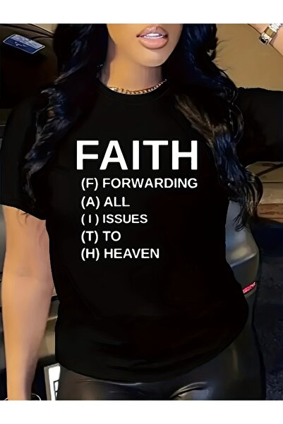 En22 تي شيرت نسائي كاجوال برقبة دائرية مع طباعة "FAITH" - أسود، بأكمام قصيرة،...