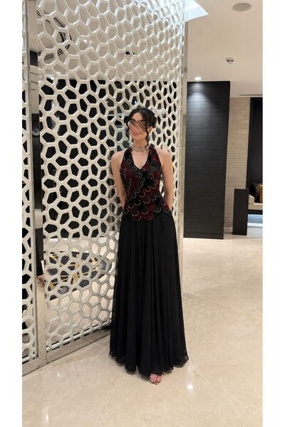 Jood Luxury Embroidery Halter Evening Dress with Chiffon Skirt