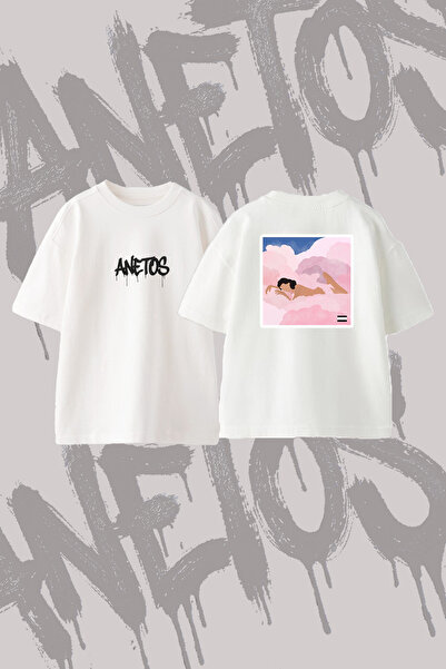 Anetos Bulut Kadin Design Back Printed Cotton White Oversize T-Shirt