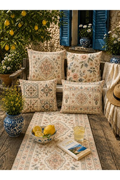 dekomingo 4'lü Dekoratif Kırlent Kılıfı 43x43 cm ve Runner 40x140 cm Vintage ...
