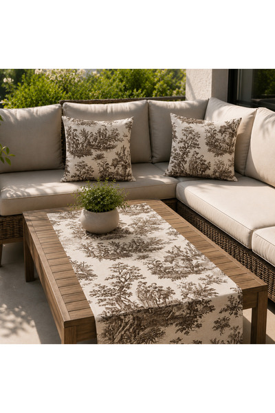 NURHAN HOME COLLECTION Toile De Jouy Runner and 2-Piece Cushion Cover Balcony...