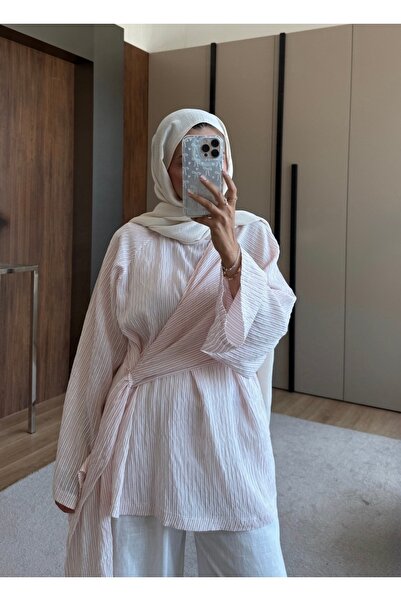 Bahar Altundemir Women's Striped Soft Viscose Tunic Shirt with Tie Detail