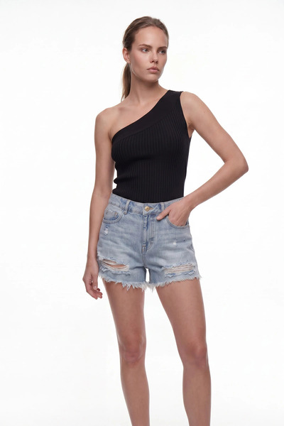cemo Women's One Shoulder Ribbed Knitwear Blouse