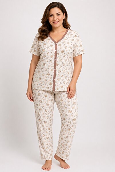 CottonVia Mother's Pajama Set, Front Buttoned, Piping Collar, Short Sleeves, ...