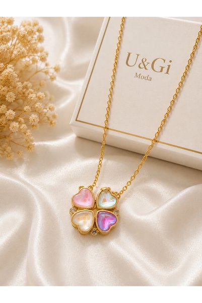 U&Gi Moda Colorful Four-Leaf Clover Look Women's Gold Necklace |   Luck and Elegance Together