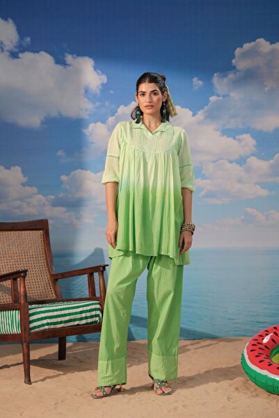 PRIYA'S PANACHE Cotton Mulmul Embroidered Co-ord Set with Farshi Salwar for W...