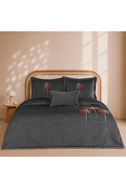 ALTINBAŞAK TEKSTİL Liora Double Embroidered Bedspread Anthracite (4 Pieces) 2...