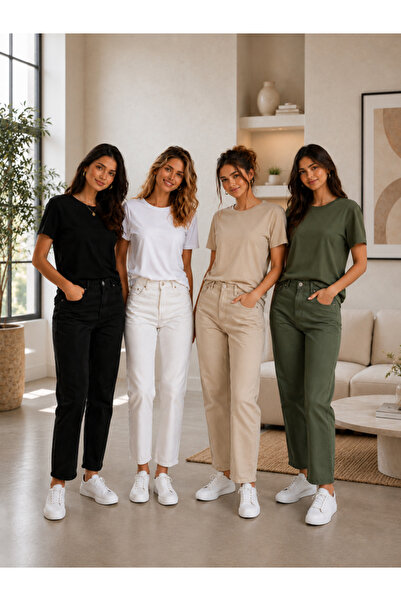 MİLANDORE 4'lü Set Kadın Siyah-Beyaz-Bej-Haki Basic T-Shirt - Bisiklet Yaka P...