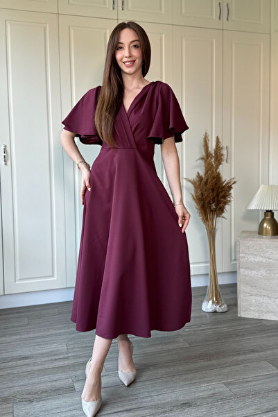 Dilay Gökoğlu Butik V-Neck Ruffled Midi Dress with Flounce Sleeves