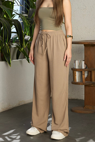BİKELİFE Women's High Waist Linen Blend Palazzo Loose Trousers