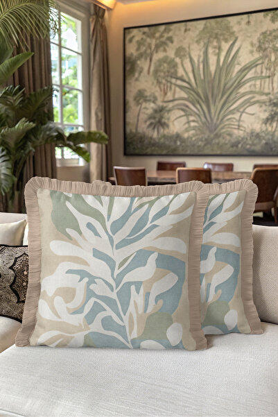 Evimde Bambaşka Tropical Leaf Botanical Fringed Pillowcase - Natural Bohemian...