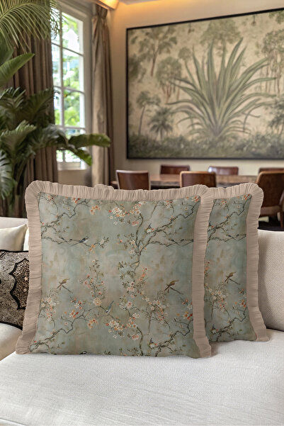 Evimde Bambaşka Vintage Spring Fringed Pillowcase with Floral Birds - Botanic...