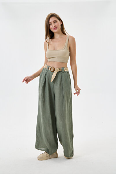 della moor Women's Khaki Italian 100% Linen Straw Belted Pleated Wide Leg Lin...