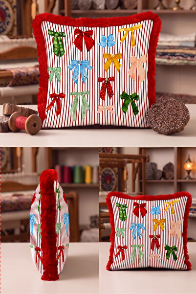 Evimde Bambaşka Ribbon Striped Bow Motif Fringed Pillowcase - Romantic Bohemi...