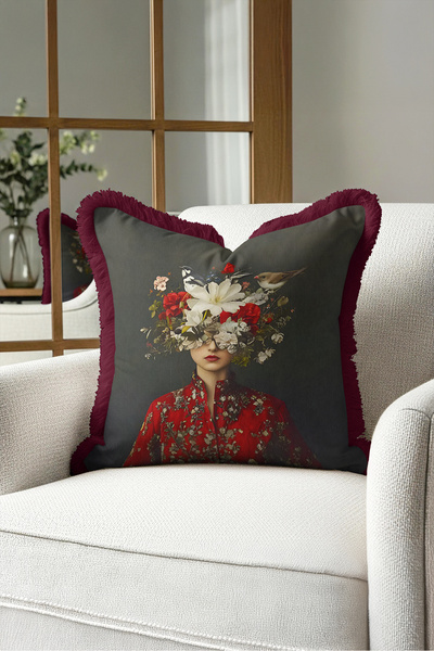 Evimde Bambaşka Artistic Fringed Pillowcase with Women's Figure and Floral Mo...