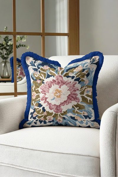 Evimde Bambaşka Floral Vintage Motif Fringed Pillowcase - Peony Retro Pink Na...