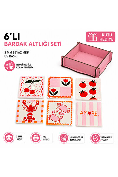 kids town WoodTown 6'lı Bardak Altlığı Seti – 3 mm Beyaz MDF UV Baskılı Dekor...