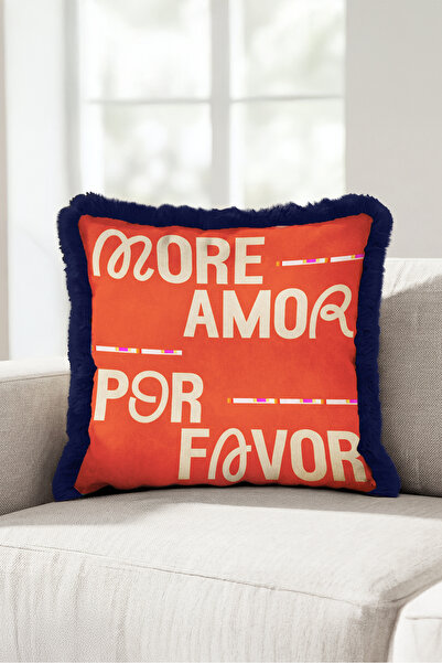 Evimde Bambaşka More Amor Typographic Fringed Pillowcase - Romantic Orange Na...