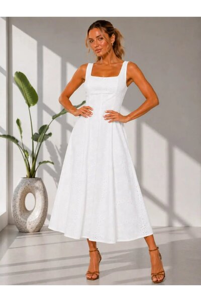 Park Karon Women's Square Collar Lined Brode Midi Woven Dress 26109