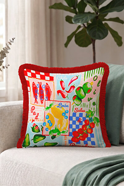 Evimde Bambaşka Mediterranean Vegetable Fruit Collage Fringed Pillowcase - Re...