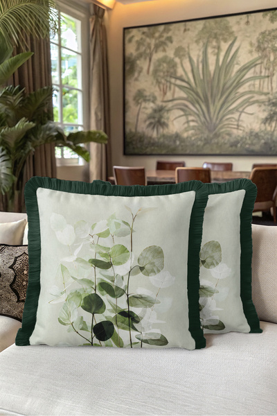 Evimde Bambaşka Botanical Leaf Natural Fringed Pillowcase - Natural Nordic Gr...
