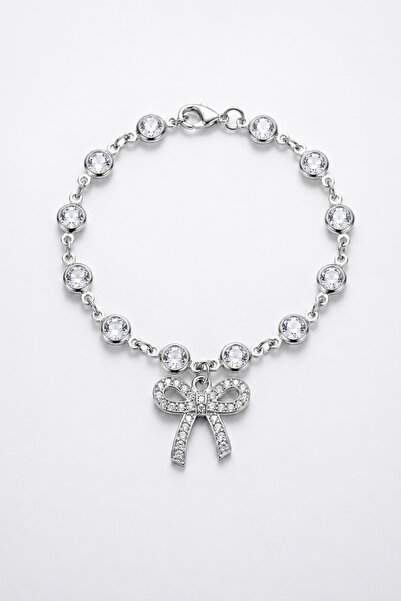 TREND COLLECTİON Women's Silver Stone Bow Charm Elegant Bracelet