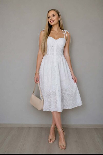 A.P Boutique Rochie midi alba din broderie perforata, cu bust tip corset si B...