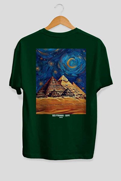 Ankhises Tricou unisex cu imprimeu pe spate Piramide, verde egiptean, supradi...