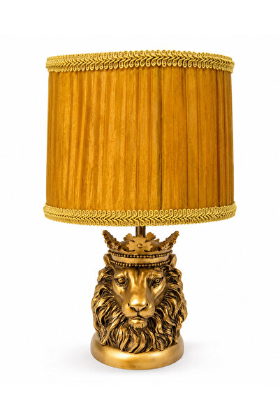 EVVEL ZAMAN ANTİK Aslan Figürlü Abajur – Gold Vintage Dekoratif Masa Lambası
