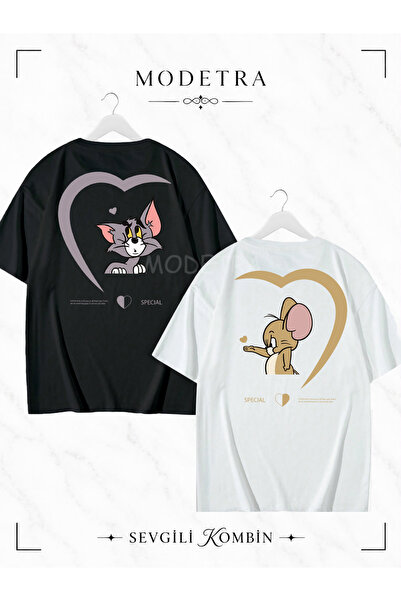 Modetra تي شيرت ملون كبير الحجم للنساء والرجال من نوع Tom and Jerry Hearted م...