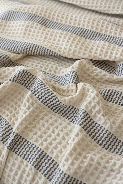 Bej Home Cream Color Blue Striped Double Pique / Bedspread 220X240
