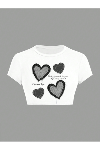 LUMSHİNE Women's Star Heart Printed Tee Crop