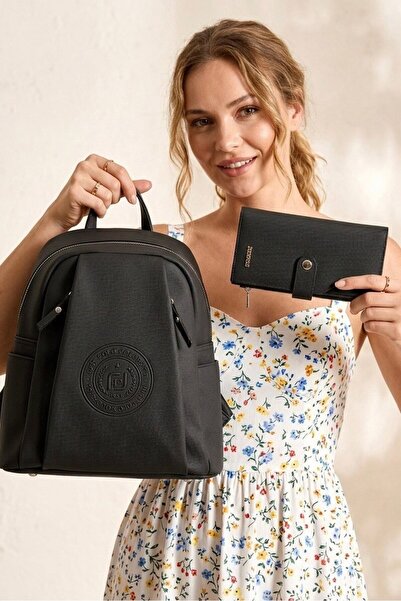 Just Polo Women's Black Backpack and Wallet Set for Daily Use, 2-Piece Combin...