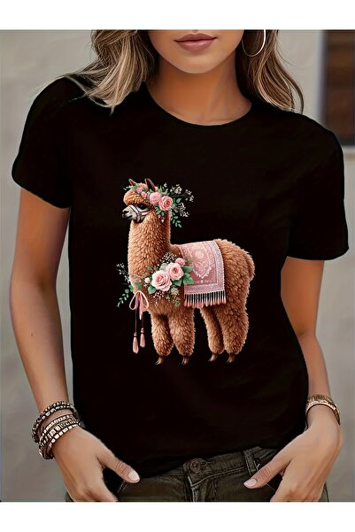 212Wear تي شيرت نسائي قصير الأكمام من القطن الناعم بتصميم الألبكا والزهور - م...