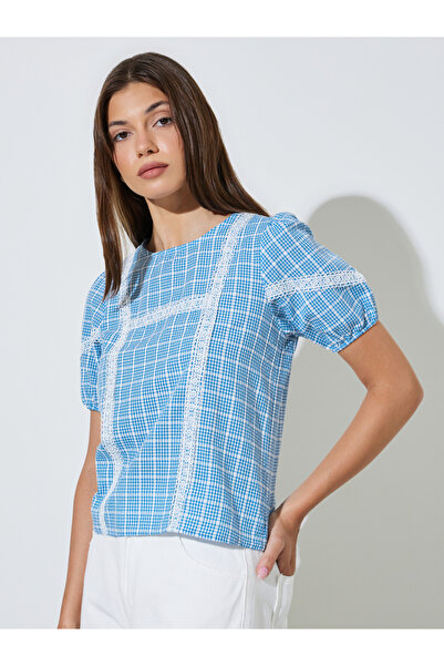 Styli Blue Checked Puff Sleeve Blouse With Lace Trim