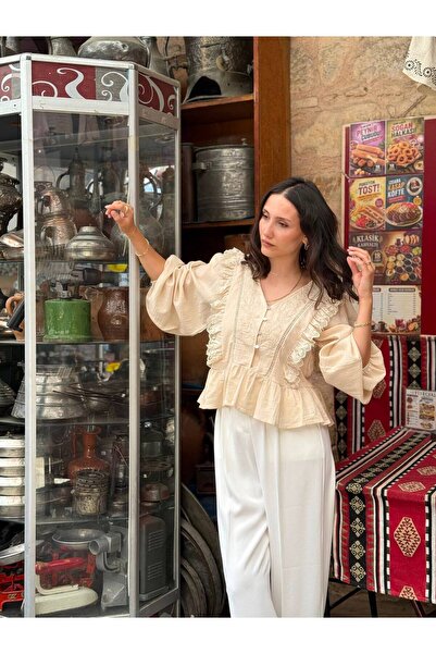 Sabisco %100 Keten Naturel Nakışlı Fisto Detaylı Gömlek Bluz