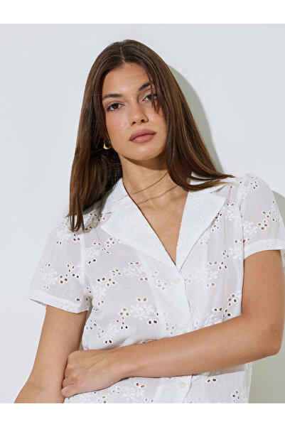 Styli White Eyelet Short Sleeve Casual Shirt