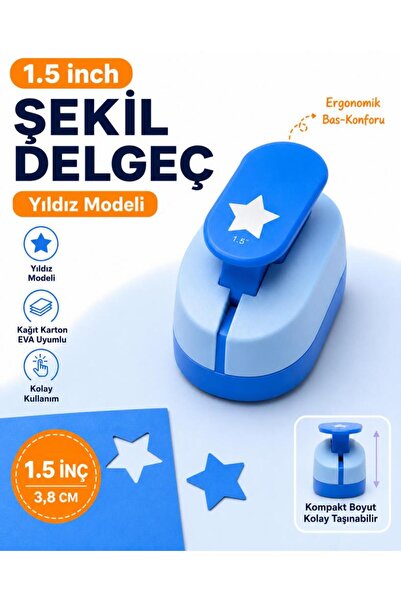 OFİSİNN Şekilli Büyük Boy Delgeç/Şekilgeç 3.8 cm Yıldız Mavi